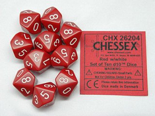 Ensemble de 10 Dés 10 Faces Opaque Rouges avec chiffres Blancs