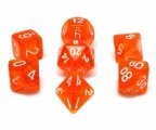 Ensemble de 7 dés polyhédriques transparents orange avec chiffres blancs