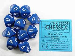 Ensemble de 10 Dés 10 Faces Opaque Bleus avec chiffres Blancs